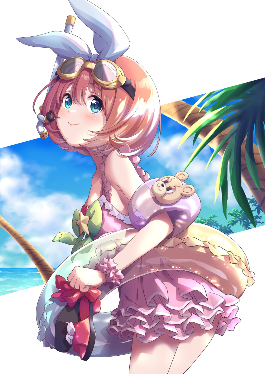 absurdres brown_hair closed_mouth female frills goggles goggles_on_head green_eyes hair_between_eyes hairband highres kurumi_(princess_connect!) one-piece_swimsuit pink_one-piece_swimsuit princess_connect! scrunchie snorkel solo swim_ring swimsuit tsukachii wrist_scrunchie