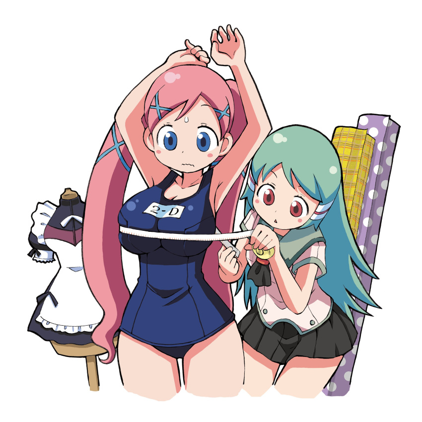 2girls absurdres akai_maho apron armpit_crease arms_up black_dress black_neckerchief black_skirt blue_eyes blue_one-piece_swimsuit breasts bust_measuring cleavage collarbone commentary doki_doki_majo_shinpan dress fabric green_hair green_sailor_collar hair_ornament hair_tubes highres kondou_rururu large_breasts long_hair maid mannequin measuring midou_ayame miniskirt multiple_girls neckerchief old_school_swimsuit one-piece_swimsuit polka_dot red_eyes sailor_collar school_swimsuit shirt short_sleeves skirt sweatdrop swimsuit tape_measure triangle_mouth twintails white_apron white_background white_shirt x_hair_ornament