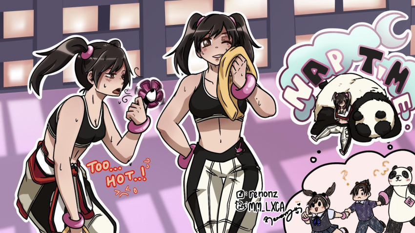 1boy 2girls black_hair brown_shirt dreaming electric_fan gym hair_between_eyes hand_fan hand_on_own_hip highres holding holding_fan holding_hands instagram_username jacket kazama_jin ling_xiaoyu lxca midriff multiple_girls multiple_views open_mouth panda panda_(tekken) pants pink_bracelet red_jacket school_uniform shirt sleeping stomach sweat tekken tekken_4 towel twintails twitter_username white_pants wrapped yellow_towel