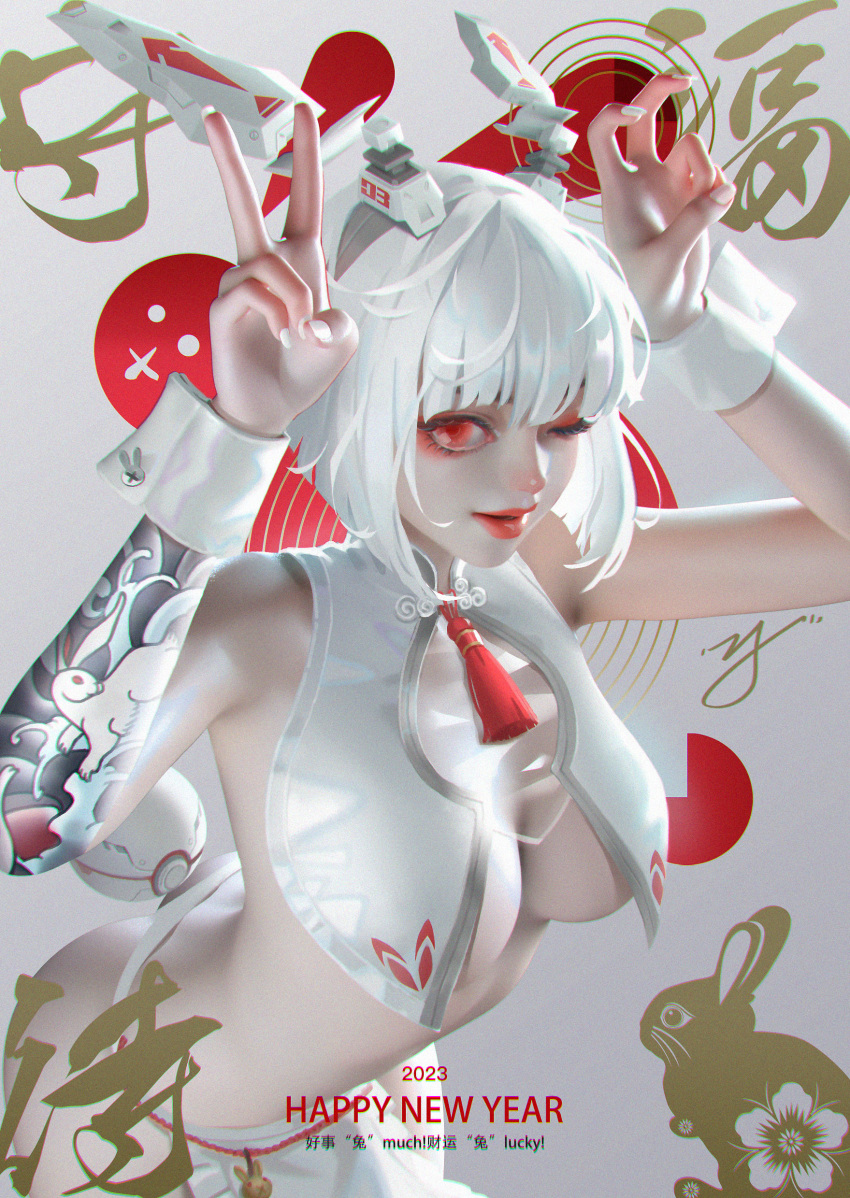 2023 ;d absurdres animal_ears bob_cut breasts chinese_new_year chinese_zodiac cleavage cleavage_cutout clothing_cutout double_v english_text fake_animal_ears fake_tail female headband highres ji_zhang lips medium_breasts nail_polish one_eye_closed open_mouth original pelvic_curtain rabbit_ears rabbit_tail red_eyes short_hair smile solo tail tattoo upper_body v white_hair white_nails wrist_cuffs year_of_the_rabbit