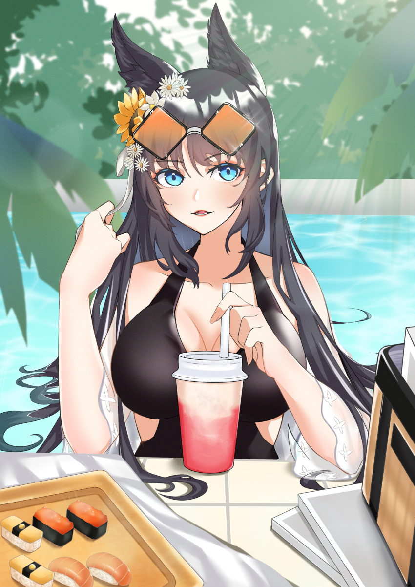 absurdres animal_ear_fluff animal_ears azur_lane bare_shoulders black_hair black_one-piece_swimsuit blue_eyes blush breasts cup disposable_cup drinking_straw eyewear_on_head female flower food fox_ears fox_girl hair_between_eyes hair_flower hair_ornament hair_ribbon hand_up highres holding kii_(azur_lane) kii_(poolside_persuasion)_(azur_lane) large_breasts long_hair looking_at_viewer official_alternate_costume one-piece_swimsuit parted_lips partially_submerged photoshop_(medium) pool poolside ribbon see-through see-through_sleeves shawl smile solo sunglasses sushi swimsuit tinted_eyewear tray upper_body very_long_hair white_flower white_ribbon white_shawl yoshitoki_(kisshin)