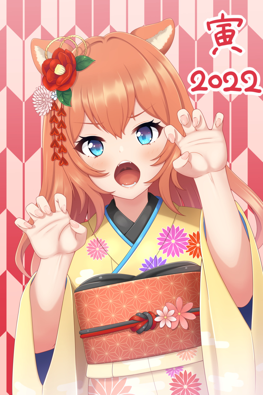 2022 absurdres animal_ears blue_eyes blush claw_pose commentary_request cowboy_shot double-parted_bangs fangs female floral_print flower furou hair_flower hair_ornament hands_up highres japanese_clothes kimono long_hair long_sleeves looking_at_viewer multicolored_background obi obiage obijime open_mouth orange_hair original patterned_background sash solo teeth uvula v-shaped_eyebrows wide_sleeves yagasuri yellow_kimono