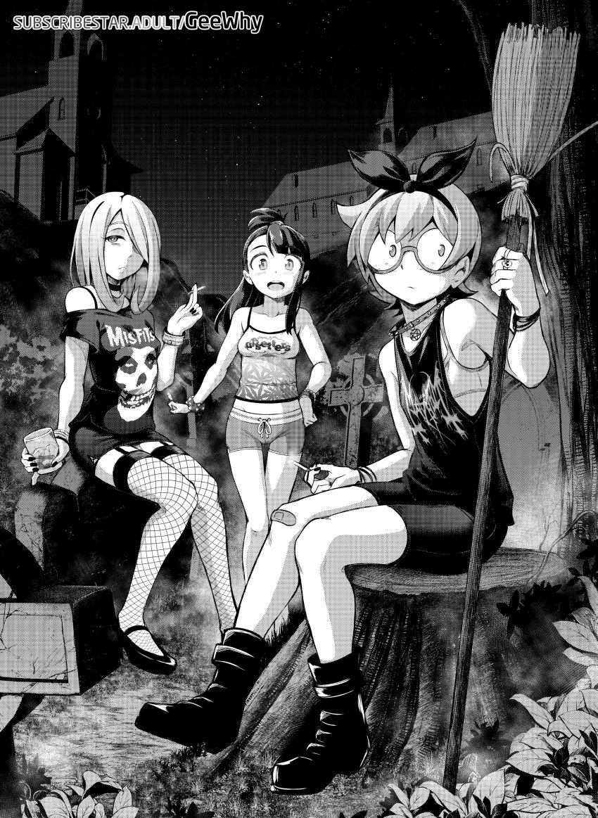 3girls absurdres alternate_costume artist_name band_shirt bandages boots bra bracelet breasts broom choker cigarette collarbone commentary dolphin_shorts english_commentary fishnet_thighhighs fishnets flat_chest garter_straps geewhy glasses greyscale hair_over_one_eye halftone heavy_metal highres holding holding_broom holding_cigarette jewelry kagari_atsuko little_witch_academia long_hair looking_at_viewer lotte_jansson mayhem_(band) merchandise misfits monochrome multiple_girls odd_one_out open_mouth punk round_eyewear semi-rimless_eyewear short_hair shorts sitting small_breasts smile smoking standing subscribestar_username sucy_manbavaran teeth thighhighs under-rim_eyewear underwear upper_teeth_only watermark web_address