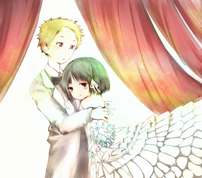 1boy bad_id bad_pixiv_id blonde_hair couple dress elbow_gloves female formal gloves green_hair hair_ribbon highres hug isshuukan_friends jewelry kiryuu_shougo ribbon ring shado_ne short_hair smile straight suit wedding_dress yamagishi_saki