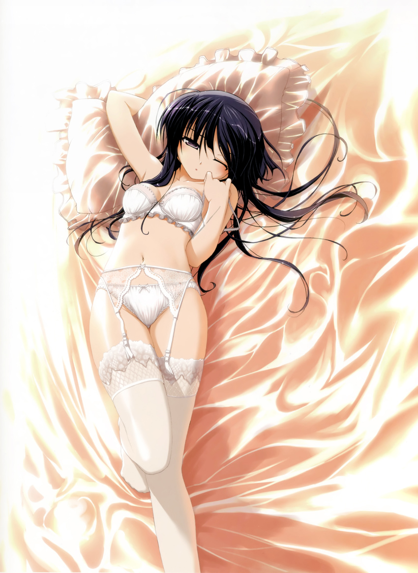 absurdres akata_itsuki black_eyes black_hair bow bow_bra bow_panties bra breasts breasts_apart female garter_belt highres hime-sama_ririshiku! lace lace-trimmed_bra lace-trimmed_legwear lace-trimmed_panties lace_trim legs looking_at_viewer lying medium_breasts misara navel panties photoshop_(medium) pillow satin satin_sheets thighhighs underwear underwear_only white_bra white_panties