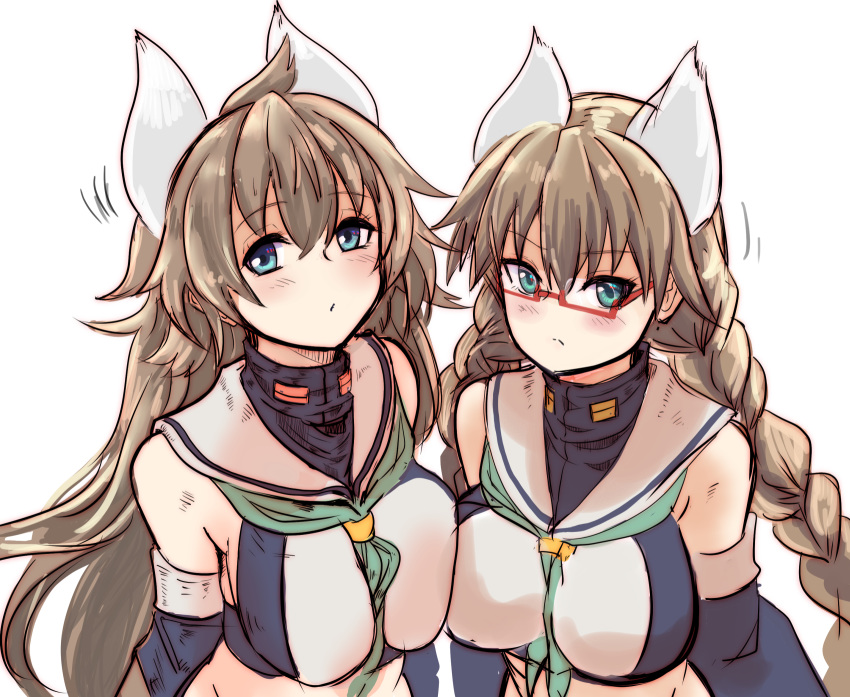 2girls :/ animal_ears asymmetrical_docking azur_lane between_breasts blue_eyes blush braid breast_press breasts brown_hair commentary_request crop_top detached_sleeves furutaka_(azur_lane) furutaka_(retrofit)_(azur_kane) glasses gloves green_neckerchief hey_taisyou highres kako_(azur_lane) kako_(retrofit)_(azur_lane) large_breasts long_hair looking_at_viewer midriff multiple_girls neckerchief red-framed_eyewear sailor_collar school_uniform semi-rimless_eyewear shirt simple_background sleeveless sleeveless_shirt twin_braids under-rim_eyewear upper_body white_background white_gloves white_sailor_collar