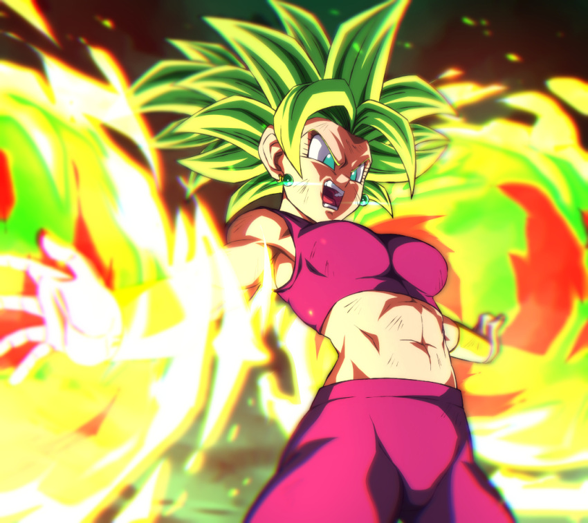 abs battle_damage breasts crop_top dragon_ball dragon_ball_super earrings energy_blast female green_eyes green_hair jewelry kefla_(dragon_ball) medium_breasts midriff muscular muscular_female navel obliques pants potara_earrings rom_(20) saiyan solo spiked_hair super_saiyan toned toned_female