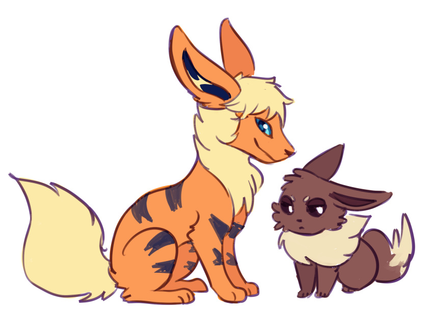 2018 ambiguous_gender black_nose blue_sclera blush brown_body brown_fur closed_smile digital_media_(artwork) duo eevee feral flavia-elric fluffy fluffy_tail fur generation_1_pokemon growlithe hi_res mouth_closed neck_tuft nintendo orange_body paws pokemon pokemon_(species) pupils simple_background smile tail tuft white_background white_pupils