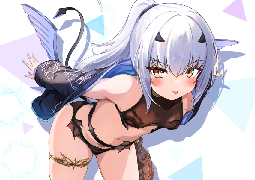 absurdres bikini black_bikini black_jacket breasts cropped_jacket dragon_wings fate/grand_order fate_(series) female forked_eyebrows high_ponytail highres jacket jewelry long_hair long_sleeves looking_at_viewer melusine_(fate) melusine_(swimsuit_ruler)_(fate) melusine_(swimsuit_ruler)_(first_ascension)_(fate) navel shibakame shrug_(clothing) sidelocks small_breasts smile stomach_tattoo swimsuit tail tattoo thighlet thighs tongue tongue_out white_hair wings yellow_eyes