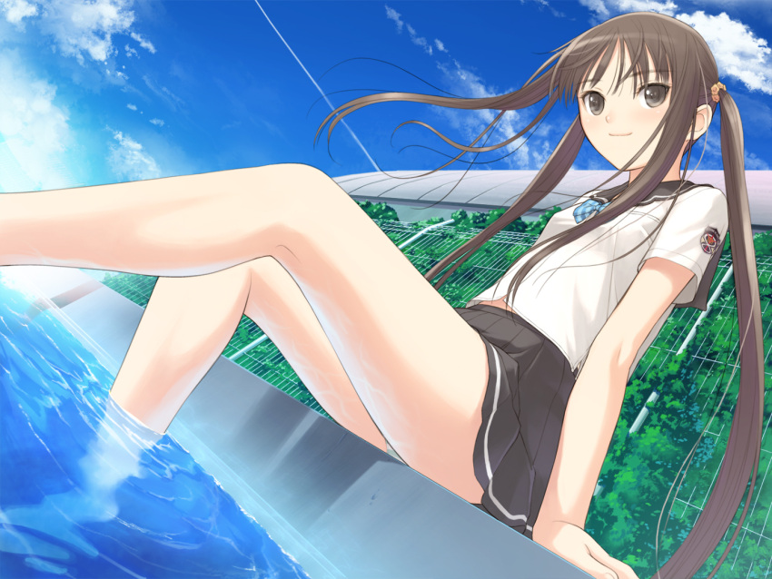 breasts brown_eyes brown_hair caustics day dutch_angle fault!! female fence game_cg legs light_smile long_hair long_legs outdoors panties pool poolside refraction ripples school_uniform sky small_breasts solo sugiyama_mio tony_taka twintails underwear water