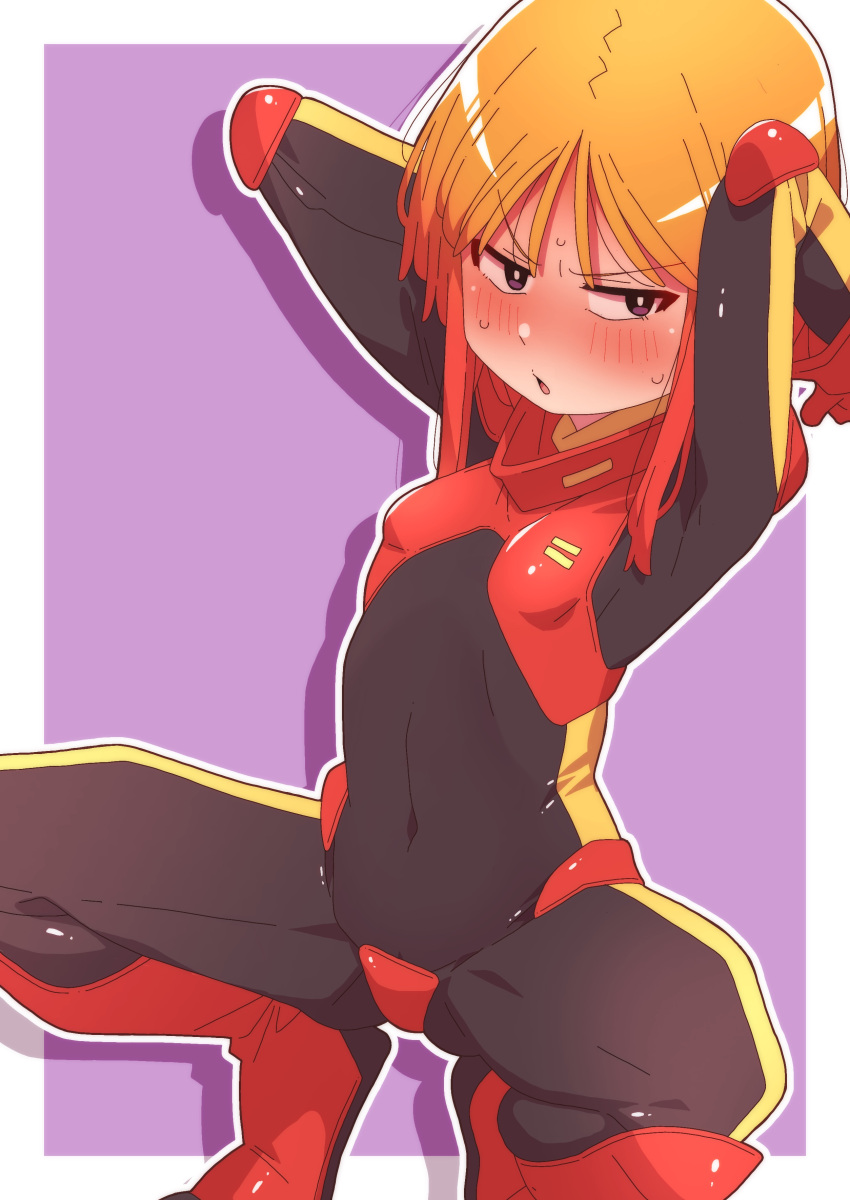 absurdres arms_up black_bodysuit blush bodysuit covered_navel female flat_chest gloves gundam gundam_zz highres normal_suit onimaru_(onimal7802) open_mouth orange_hair pilot_suit purple_eyes puru_two red_gloves short_hair sidelocks skin_tight solo spread_legs squatting