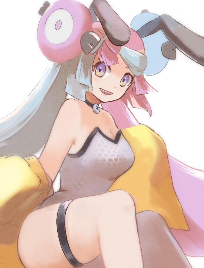 animal_ears breasts character_hair_ornament cleavage commentary_request female grey_leotard hair_ornament highres iono_(pokemon) jacket leotard long_hair looking_at_viewer multicolored_hair off_shoulder open_clothes open_jacket open_mouth playboy_bunny pokemon pokemon_sv purple_eyes rabbit_ears ringosan2329 sharp_teeth single_leg_pantyhose solo teeth thigh_strap twintails two-tone_hair upper_teeth_only white_background yellow_jacket