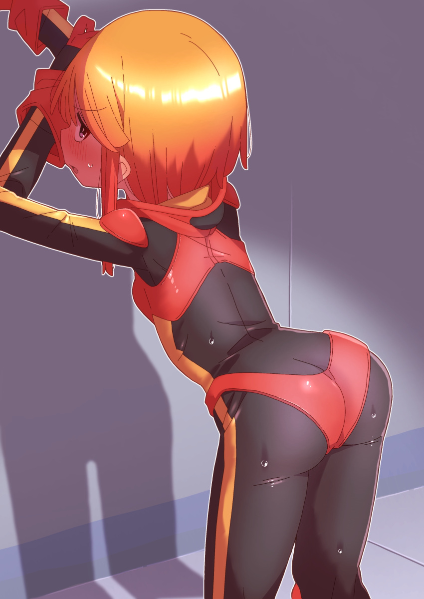 absurdres against_wall ass black_bodysuit blush bodysuit breasts commentary_request female from_behind gloves gundam gundam_zz highres looking_at_viewer looking_back normal_suit onimaru_(onimal7802) open_mouth orange_hair petite pilot_suit purple_eyes puru_two red_gloves short_hair sidelocks skin_tight small_breasts solo standing