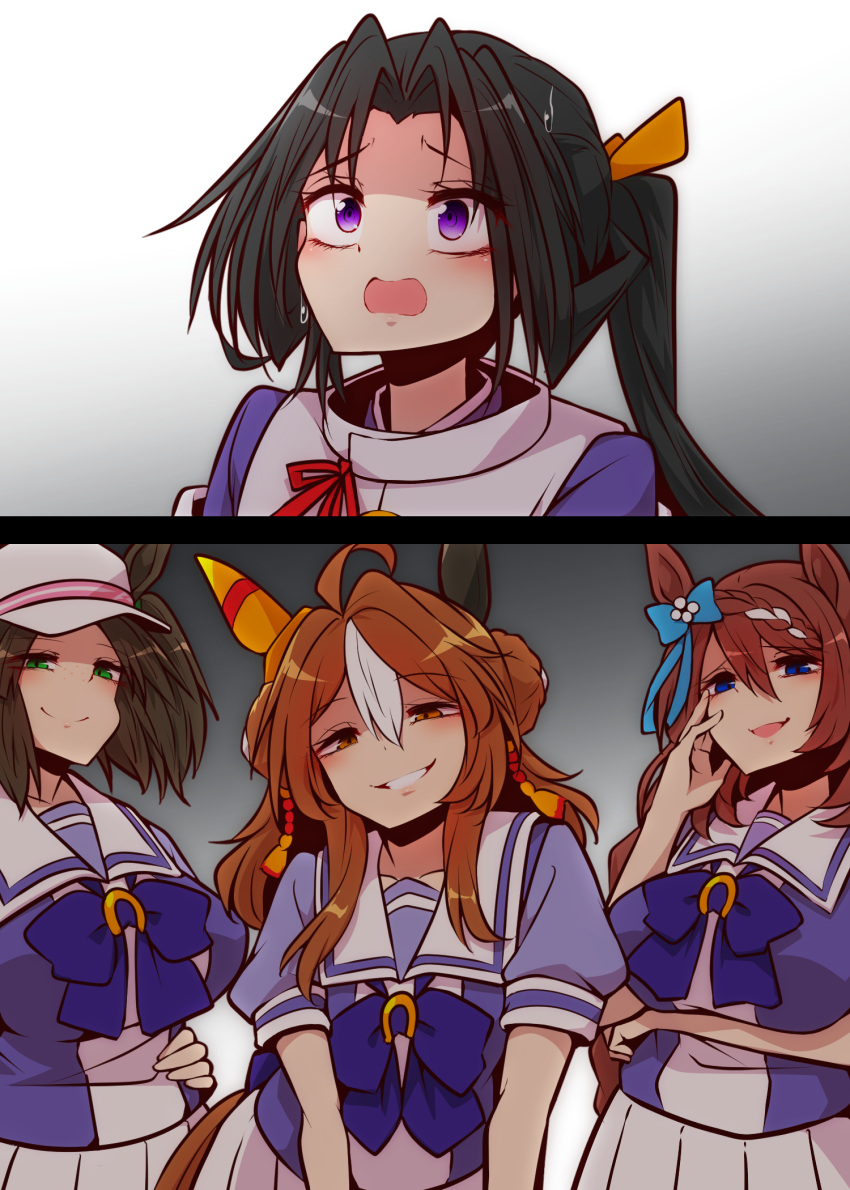 1boy 3girls age_difference ahoge animal_ears black_hair blue_bow bow bowtie braid breasts brown_eyes brown_hair commentary copano_rickey_(umamusume) crossover double_bun ear_bow ear_covers freckles green_eyes hair_between_eyes hair_bun highres horse_ears horse_girl horseshoe_ornament houjou_tokiyuki_(nige_jouzu_no_wakagimi) ines_fujin_(umamusume) japanese_clothes large_breasts long_hair looking_at_viewer multicolored_hair multiple_girls nige_jouzu_no_wakagimi onee-shota open_mouth pleated_skirt ponytail puffy_short_sleeves puffy_sleeves purple_bow purple_bowtie purple_eyes purple_shirt sailor_collar sailor_shirt school_uniform shirt short_sleeves side_ponytail sidelocks_tied_back skirt super_creek_(umamusume) tracen_school_uniform two-tone_hair umamusume visor_cap white_skirt yonedatomo_mizu