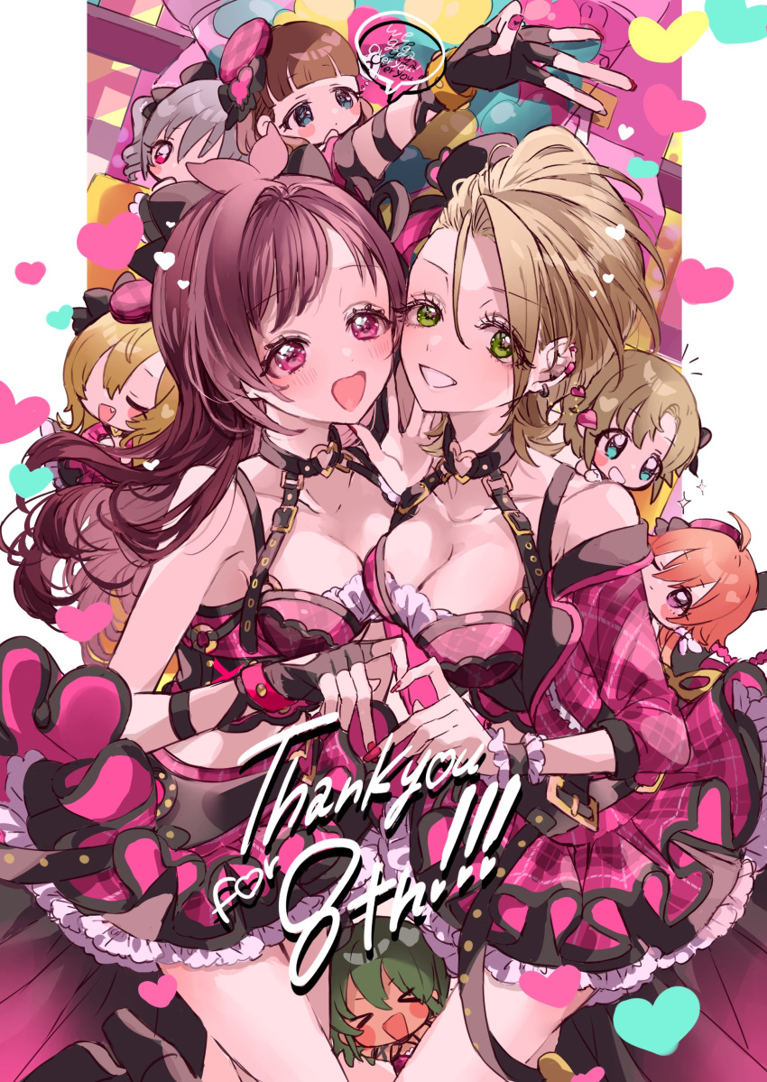 >_< 4-finger_heart_hands 6+girls absurdres antenna_hair black_gloves blush breasts brown_hair chibi chibi_inset cleavage collarbone commentary_request earclip earrings english_text fingerless_gloves fingernails frilled_skirt frilled_wristband frills gloves green_eyes heads_together heart heart_hands heart_hands_duo heart_o-ring highres idolmaster idolmaster_cinderella_girls jacket jewelry kanzaki_ranko kimura_natsuki kurosaki_chitose layered_skirt looking_at_viewer mashrkii medium_breasts middle_w multiple_girls nail_polish natalia_(idolmaster) ninomiya_asuka o-ring o-ring_top pink_jacket pink_skirt red_eyes sakuma_mayu skirt smile speech_bubble tada_riina tsujino_akari w