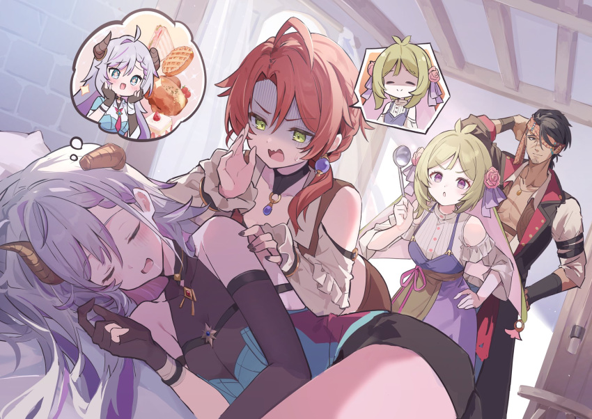 1boy 3girls :o ahoge atelier_(series) atelier_resleriana black_hair broken_horn ceiling closed_eyes commentary_request dark-skinned_male dark_skin day dreaming dress earrings flocke_cerha food gloves green_eyes green_hair hair_between_eyes hand_on_another's_shoulder hand_on_own_hip hand_up hands_on_own_cheeks hands_on_own_face hands_up heidi_(atelier) highres holding holding_ladle horns indoors jewelry ladle lanze_dach long_hair long_sleeves lying mola_mola multicolored_hair multiple_girls on_bed on_side open_mouth partially_fingerless_gloves pie purple_dress purple_eyes purple_hair red_hair saliva shaded_face shirt short_hair sleeping smile sparkle speech_bubble spoken_character standing turn_pale two-tone_hair valeria_(atelier) waking_another white_shirt