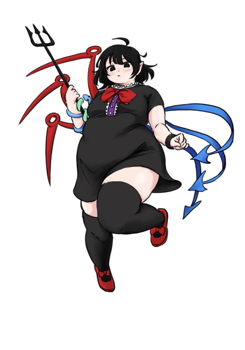 ahoge alternate_body_size aruru_(rnruru) asymmetrical_wings black_dress black_eyes black_hair black_thighhighs blue_wings blush bow commentary_request dress fat female full_body hair_between_eyes highres holding holding_pitchfork holding_weapon houjuu_nue looking_at_viewer medium_hair parted_lips pitchfork pointy_ears polearm red_bow red_footwear red_wings shoes short_sleeves simple_background solo thick_thighs thighhighs thighs touhou weapon wings zettai_ryouiki