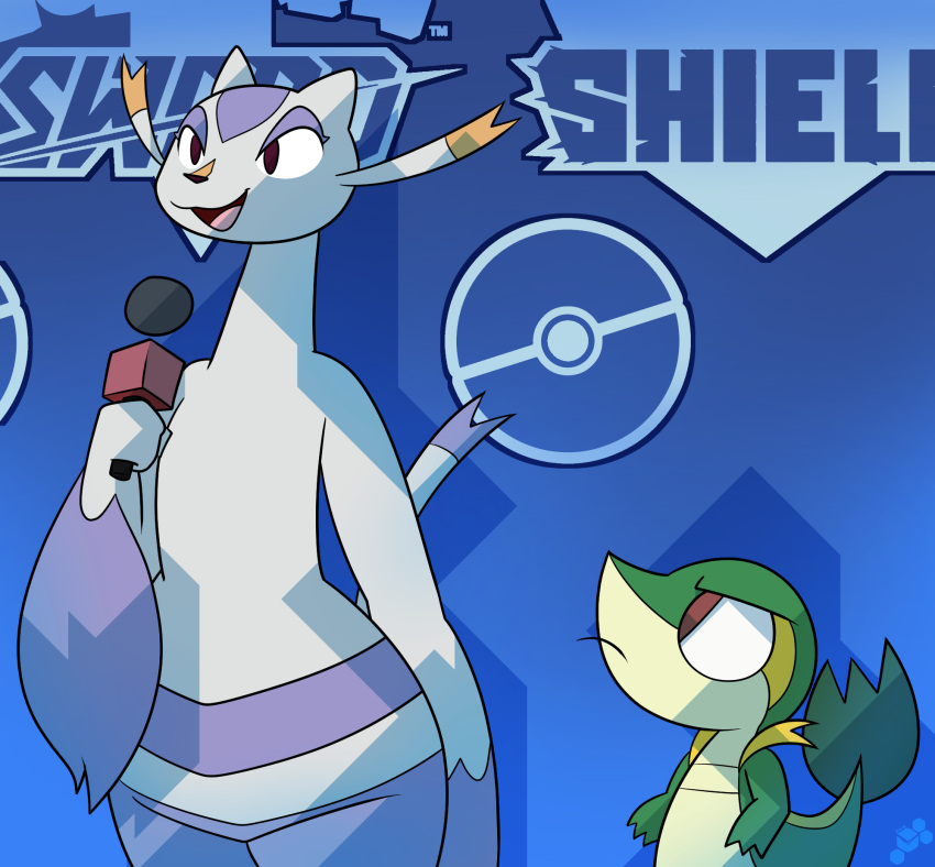 2019 3_fingers anthro barty_(potoobrigham) biped blue_background detailed_background dipstick_tail duo electronics english_text female fingers fur generation_5_pokemon green_body green_skin green_tail green_tail_tip hi_res holding_object jo_(potoobrigham) looking_at_another looking_up male markings microphone mienshao nintendo open_mouth pink_tongue pokemon pokemon_(species) potoobrigham purple_body purple_fur purple_tail_tip red_eyes simple_background size_difference snivy standing tail tail_markings text tongue white_body white_fur white_tail