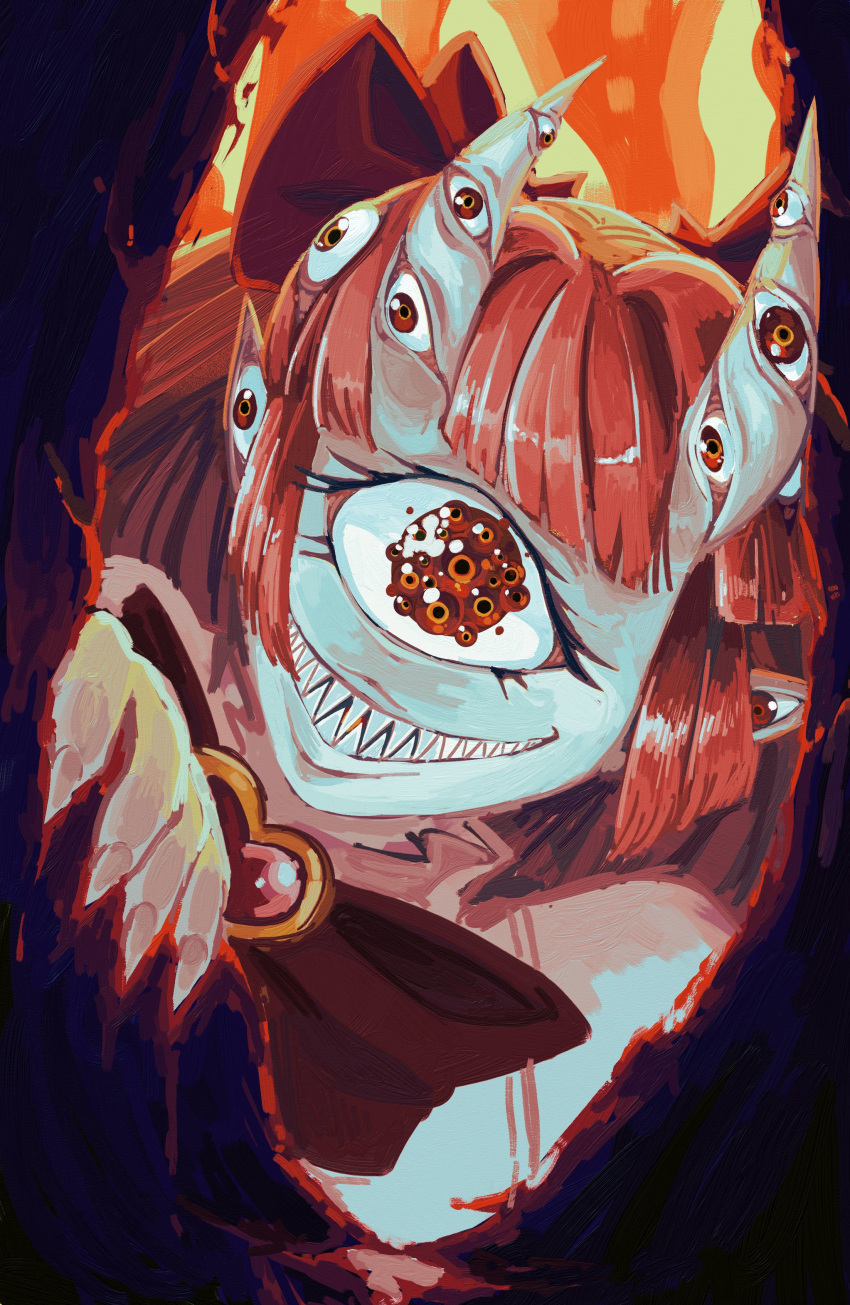 absurdres black_bow blunt_bangs body_horror bow brooch cecihime_(vtuber) commentary dark_foreground english_commentary extra_eyes extra_pupils female fiery_background fingernails fire grin hairbow head_tilt heart heart_brooch highres indie_virtual_youtuber jewelry long_hair looking_at_viewer one-eyed pointy_ears red_hair second-party_source sharp_fingernails sharp_teeth sidelocks smile solo teeth virtual_youtuber wes_k._dance