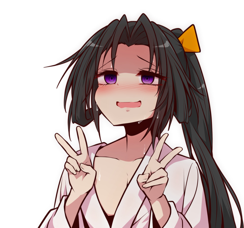 1boy black_hair blush collarbone commentary double_v empty_eyes hair_ribbon highres houjou_tokiyuki_(nige_jouzu_no_wakagimi) japanese_clothes long_hair looking_up male_focus nige_jouzu_no_wakagimi orange_ribbon ponytail purple_eyes ribbon sidelocks_tied_back simple_background solo upper_body v white_background yonedatomo_mizu