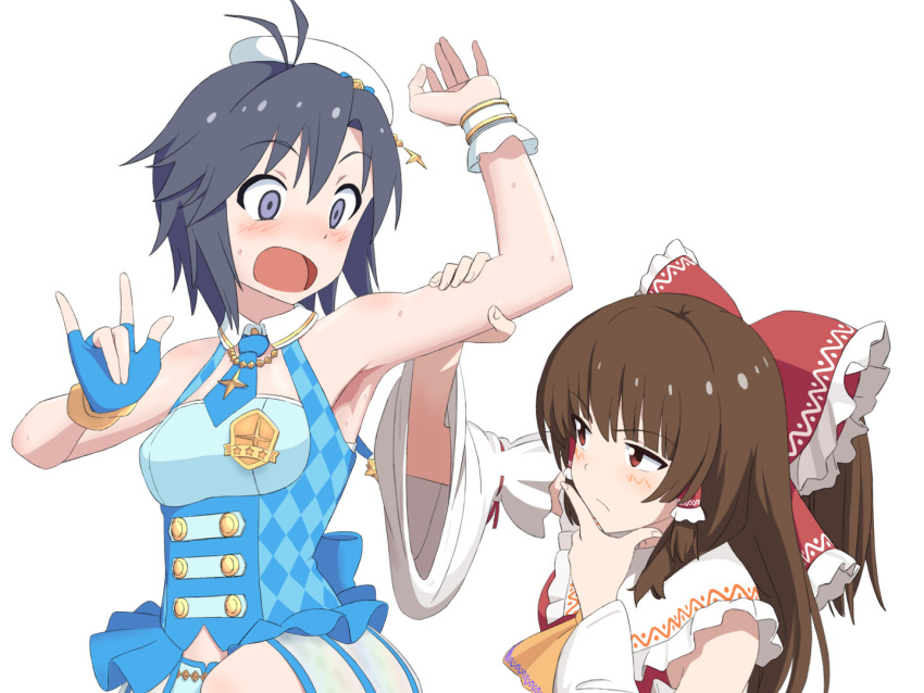 2girls 4joukioto \m/ antenna_hair armpits ascot black_hair blue_dress blue_gloves blue_necktie blush bow breasts brown_eyes brown_hair closed_mouth collared_shirt commentary_request cookie_(touhou) cross crossover detached_sleeves dress fingerless_gloves frilled_bow frilled_hair_tubes frilled_shirt_collar frills gloves hair_tubes hairbow hakurei_reimu idolmaster idolmaster_(classic) idolmaster_platinum_stars kanna_(cookie) kikuchi_makoto long_hair looking_at_another multiple_girls necktie open_mouth purple_eyes red_bow red_shirt ribbon-trimmed_sleeves ribbon_trim shirt short_hair short_necktie sidelocks simple_background single_glove sleeveless sleeveless_dress sleeveless_shirt small_breasts thinking touhou twinkle_star_(idolmaster) upper_body white_background white_headwear white_sleeves wide_sleeves yellow_ascot