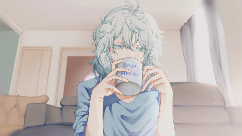 ahoge akashi_senju albino alternate_costume bad_id bad_twitter_id blue_eyes blue_shirt breasts colored_eyelashes couch cup curtains drink eyebrows eyelashes female gradient_hair hair_between_eyes half-closed_eyes highres holding holding_cup indoors long_sleeves morning mug mug_writing multicolored_hair nachiya ogura_(ogr_pu) room shirt short_hair sleeves_rolled_up solo tokyo_revengers twitter_username upper_body white_hair