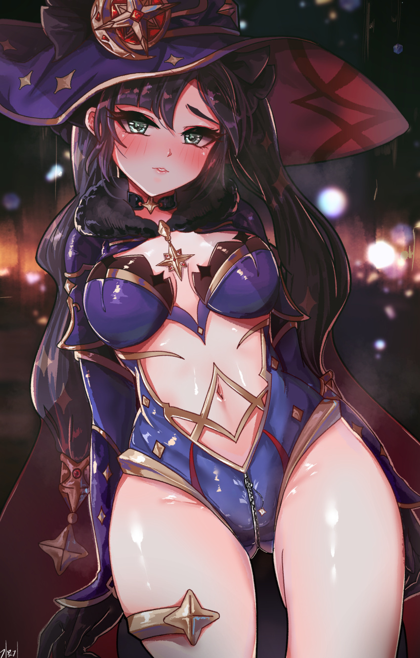 bad_id bad_pixiv_id blush breasts cape choker clothing_cutout female genshin_impact gmg green_eyes hair_ornament half-closed_eyes hat highres leotard long_hair mona_(genshin_impact) navel navel_cutout purple_hair witch_hat zipper_pull_tab