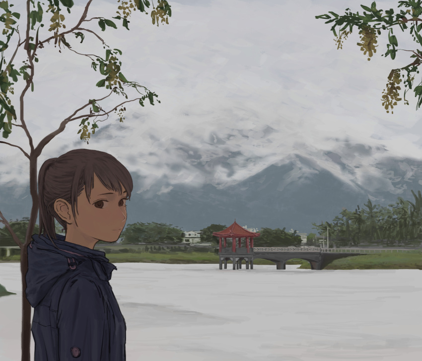 brown_eyes brown_hair female gazebo highres hood hood_down jacket kaohsiung looking_at_viewer mountainous_horizon original outdoors photo-referenced red-core_timber scenery short_ponytail solo tree water