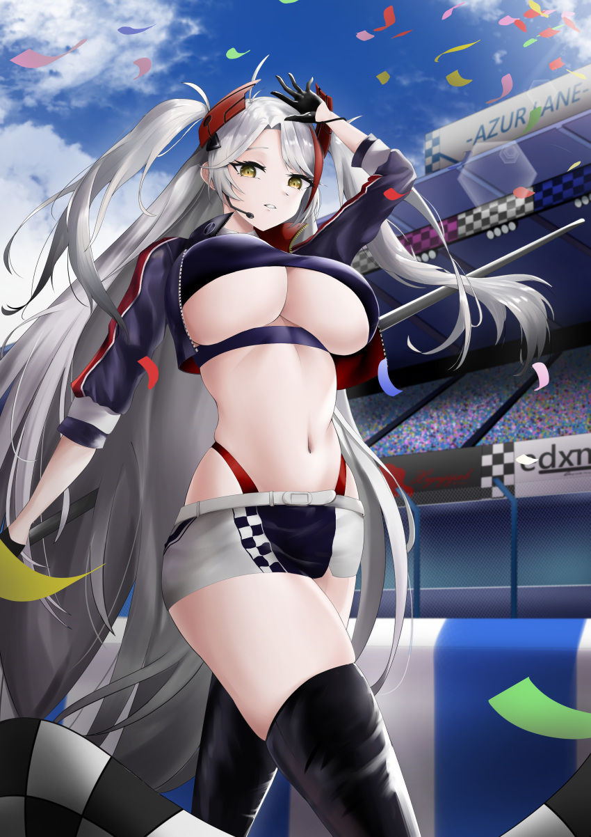 absurdres azur_lane belt black_footwear black_gloves blue_sky boots breasts checkered_flag clothing_cutout commentary confetti cropped_shirt earpiece female flag gloves half_gloves headgear highres holding holding_flag huge_breasts jacket knee_boots long_hair looking_at_viewer multicolored_hair navel official_alternate_costume panties panty_straps prinz_eugen_(azur_lane) prinz_eugen_(final_lap)_(azur_lane) purple_jacket race_queen racetrack red_hair red_panties sky streaked_hair two-tone_hair two-tone_skirt underboob underboob_cutout underwear very_long_hair walking wendy_(5877) white_belt white_hair yellow_eyes