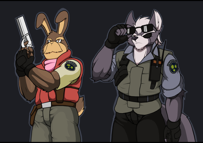 albert_wesker anthro barry_burton_(resident_evil) belt black_bars canid canine canis capcom clothing cosplay costume crossover crossover_cosplay droll3 duo electronics eyewear eyewear_on_head facial_hair gun handgun hare hi_res lagomorph leporid letterbox looking_away male mammal moustache nintendo peppy_hare police police_officer police_uniform radio ranged_weapon resident_evil revolver star_fox sunglasses sunglasses_on_head topwear uniform vest weapon weapon_holster wolf wolf_o'donnell