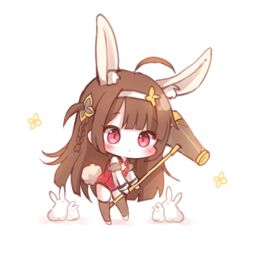 ahoge animal_ears azur_lane black_socks blush braid brown_hair chibi commentary_request detached_sleeves female flower hair_flower hair_ornament hairband highres honyang kneehighs korean_commentary long_hair long_sleeves looking_at_viewer mallet official_alternate_costume ping_hai_(azur_lane) ping_hai_(osmanthus_moon_rabbit)_(azur_lane) rabbit rabbit_ears rabbit_tail red_eyes socks solo tail white_background