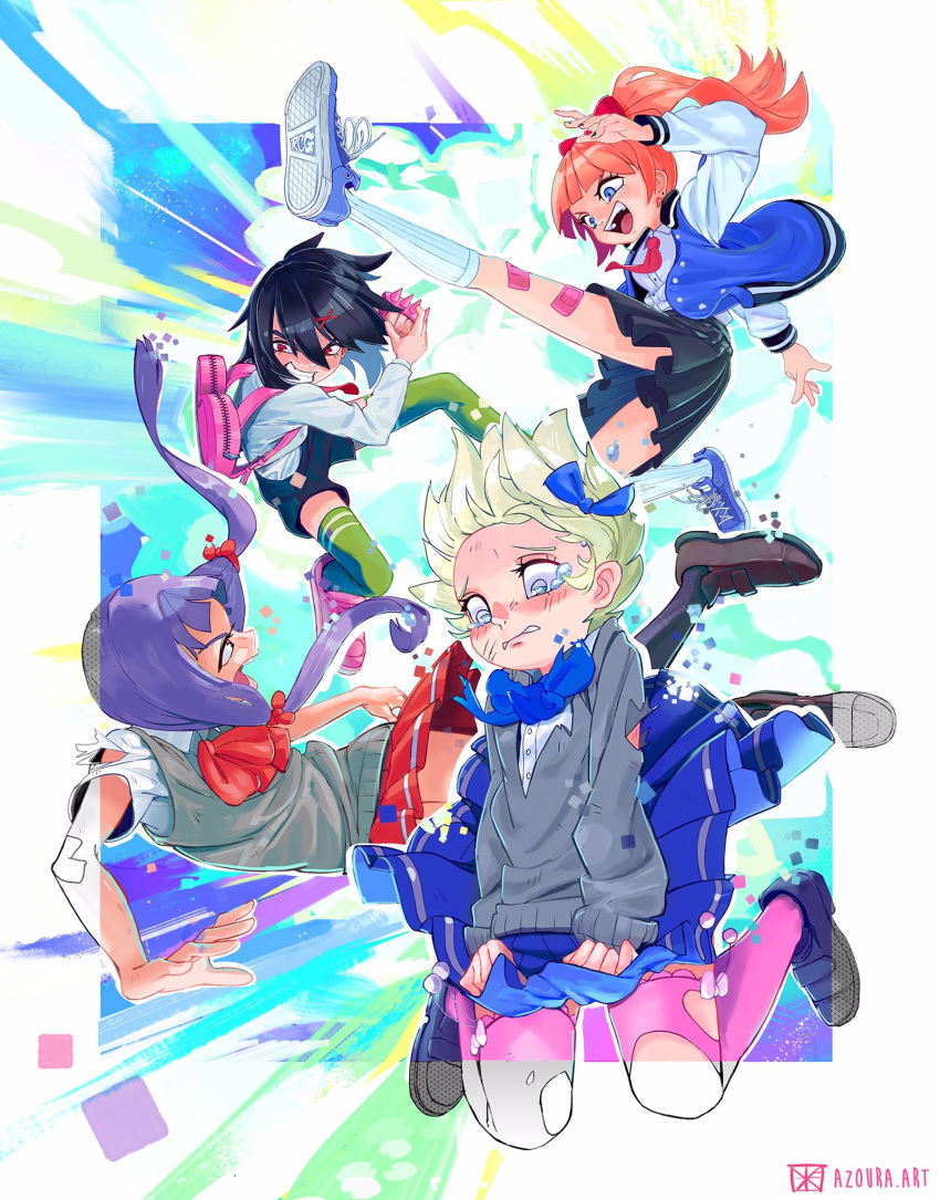 4girls azoura bandaid bandaid_on_leg black_legwear black_nails black_skirt blue_eyes blue_skirt brass_knuckles cardigan commentary_request explosion flat_chest flying_kick green_thighhighs hair_ornament hasebe_kazumi highres incoming_attack incoming_punch jacket kicking kneehighs kunio-kun_series kyoko_(kunio-kun) letterman_jacket loafers long_hair low_twintails misako_(kunio-kun) multiple_girls nail_polish orange_hair pink_bag pink_thighhighs pleated_skirt ponytail punching purple_hair red_skirt ribbed_legwear river_city_girls school_uniform shimada_mami shoes short_hair shorts skirt skirt_tug sneakers socks spiked_knuckles sweater_vest thighhighs torn_clothes torn_legwear twintails weapon x_hair_ornament