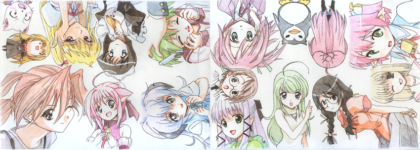 1boy 6+girls akaza_akane animal animal_ears annotated bakemonogatari bird blonde_hair charle_(fairy_tail) colored_pencil_(medium) commentary_request crossover dog_days dog_ears dog_girl elfleda_mirjasdottir esmeralda_(mawaru_penguindrum) fairy_tail fujieda_nanae fukuji_mihoko graphite_(medium) hanekawa_tsubasa hanyuu higurashi_no_naku_koro_ni horie_yui inukami! jinjin-roririn komiya_yuzu lotte_no_omocha! mahou_sensei_negima! mawaru_penguindrum millhiore_f._biscotti miyanokouji_mizuho monogatari_(series) multi_(to_heart) multiple_girls nekogami_yaoyorozu one_eye_closed otoko_no_ko otome_wa_boku_ni_koishiteru penguin saki_(manga) sakuya_(sister_princess) sasaki_makie sawachika_eri school_rumble siesta_(zero_no_tsukaima) sister_princess sky_girls to_heart to_heart_(series) traditional_media upside-down voice_actor_connection youko_(inukami) yuru_yuri zero_no_tsukaima