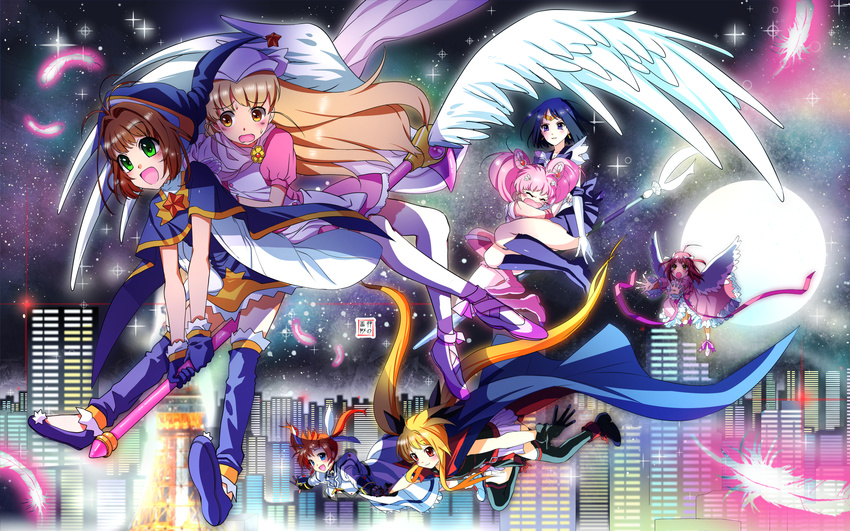 6+girls amulet_angel bishoujo_senshi_sailor_moon blue_hat brooch cardcaptor_sakura chibi_usa commentary commission cone_hair_bun crossover english_commentary eudetenis fate_testarossa feathers flower_brooch full_moon hair_bun hat highres hinamori_amu jewelry kinomoto_sakura kinomoto_sakura_(blue_star_costume) lyrical_nanoha magical_girl mahou_shoujo_lyrical_nanoha moon moriya_ririka multiple_crossover multiple_girls no_choker nurse_angel nurse_angel_ririka_sos sailor_chibi_moon sailor_saturn sailor_senshi_uniform shugo_chara! silence_glaive star_brooch takamachi_nanoha tomoe_hotaru wings