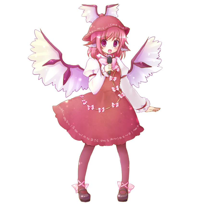 animal_ears bad_id bad_pixiv_id bow bowtie brown_dress dress female full_body hat highres holding kanene_nono long_sleeves mary_janes microphone music mystia_lorelei open_mouth pantyhose pink_eyes pink_hair purple_pantyhose ribbon shoes short_hair singing solo standing touhou transparent_background wings