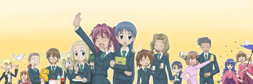 2boys 6+girls arms_up asakura_soyogi asou_natsumi black_hair blazer brown_hair collared_shirt commentary_request everyone himuro_fuu jacket kajiwara_sora kamiya_asaka kasugano_hiyori kate_(sketchbook_full_colors) kuga_kokage kurihara_nagisa long_sleeves looking_at_viewer machijuu multiple_boys multiple_girls negishi_daichi negishi_minamo ooba_tsukiyo partial_commentary sasaki_juju shirt short_hair simple_background sketchbook_full_colors sugyou_ujou tanabe_ryou torikai_hazuki yellow_background