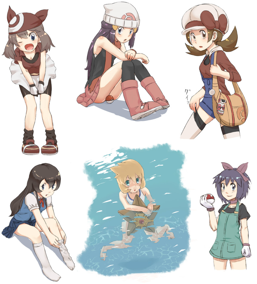 6+girls alternate_costume alternate_hairstyle bad_id bad_pixiv_id bandana barefoot beanie bike_shorts blue_eyes blue_hair boots brown_eyes brown_hair cabbie_hat censored convenient_censoring dawn_(pokemon) giselle_(pokemon) gloves green_eyes hair_between_eyes hat highres holding holding_poke_ball kasumi_(pokemon) kelly_(pokemon) lass_(pokemon) long_hair loose_socks lyra_(pokemon) may_(pokemon) multiple_girls nyonn24 orange_hair overalls pink_footwear poke_ball poke_ball_(basic) pokegear pokemon pokemon_(anime) pokemon_(classic_anime) pokemon_(creature) pokemon_dppt pokemon_hgss pokemon_rse pokemon_rse_(anime) poketch sitting skirt smile sock_pull socks staryu swimming swimsuit thighhighs watch water white_background white_gloves white_thighhighs wristwatch