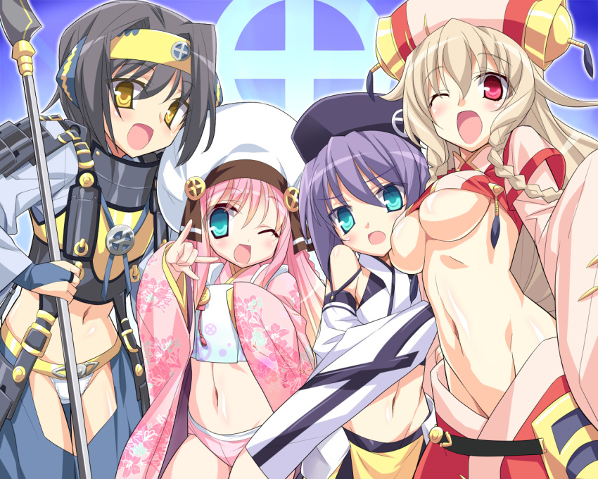 4girls aqua_eyes bad_id bad_pixiv_id black_hair blonde_hair braid breasts crest crop_top eeeeee family_crest groin large_breasts long_hair maru_ni_juumonji_(crest) medium_breasts midriff multiple_girls navel one_eye_closed painttool_sai_(medium) panties pink_hair polearm purple_hair red_eyes sengoku_hime sengoku_hime_2 shimazu_iehisa_(sengoku_hime) shimazu_toshihisa_(sengoku_hime) shimazu_yoshihiro_(sengoku_hime) shimazu_yoshihisa_(sengoku_hime) shiny_skin short_hair underboob underwear weapon yellow_eyes