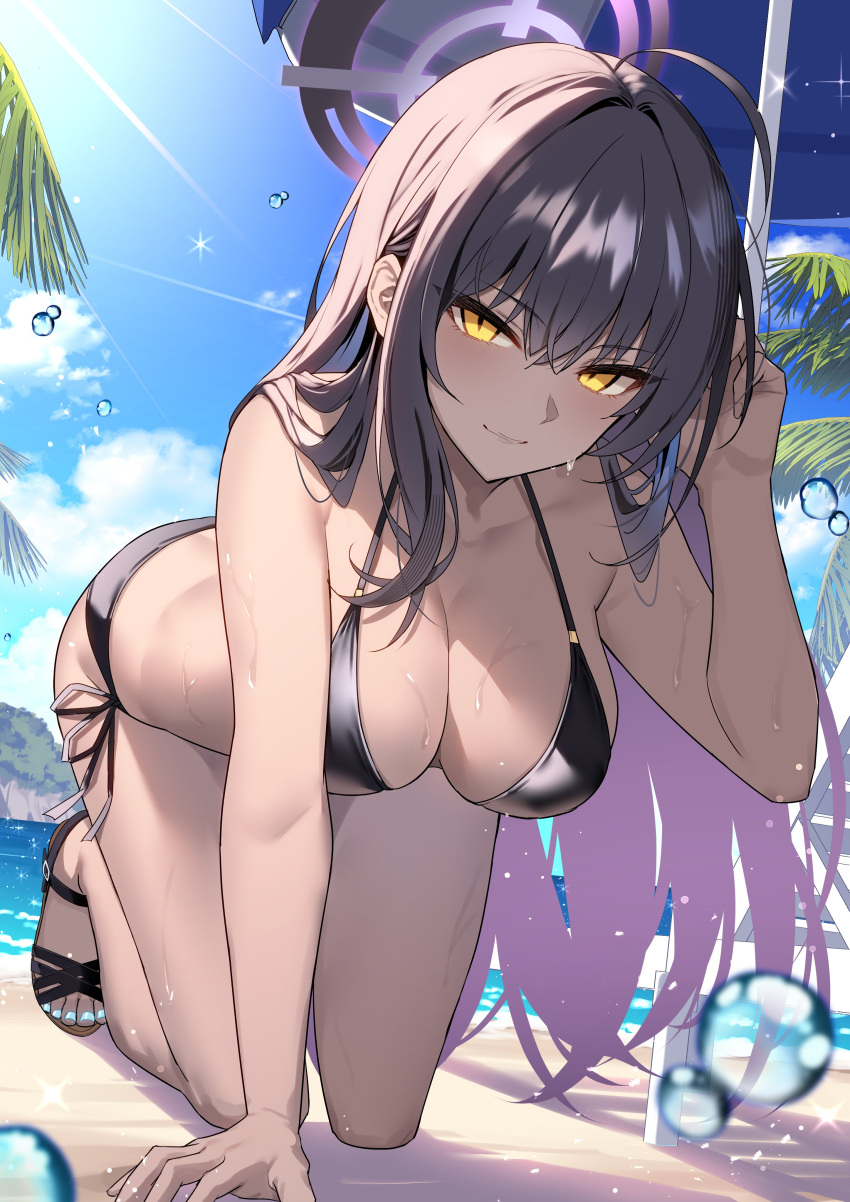 absurdres aosaki_yukina beach bikini black_bikini black_hair blue_archive blue_sky breasts cleavage closed_mouth dark-skinned_female dark_skin female full_body hair_between_eyes highres karin_(blue_archive) large_breasts long_hair looking_at_viewer nail_polish outdoors palm_tree sandals shadow sidelocks sky smile solo sunlight swimsuit thighs toenail_polish toenails tree wet yellow_eyes