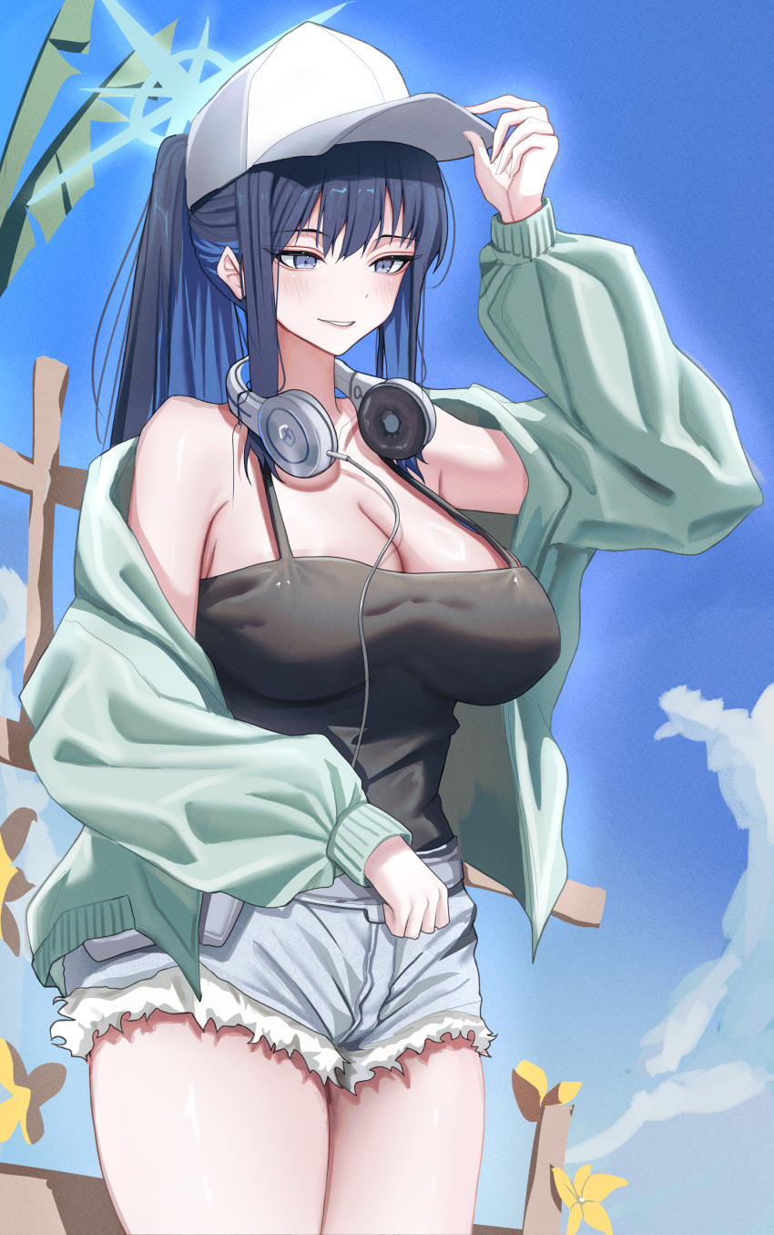 absurdres bare_shoulders baseball_cap black_camisole black_hair blue_archive blue_hair blush breasts camisole cardigan cleavage collarbone cutoffs denim denim_shorts female green_cardigan halo hat headphones headphones_around_neck highres large_breasts long_hair looking_ahead multicolored_hair official_alternate_costume outdoors ponytail saori_(blue_archive) saori_(swimsuit)_(blue_archive) shiraitoart983 short_shorts shorts smile solo standing thighs two-tone_hair very_long_hair white_hat