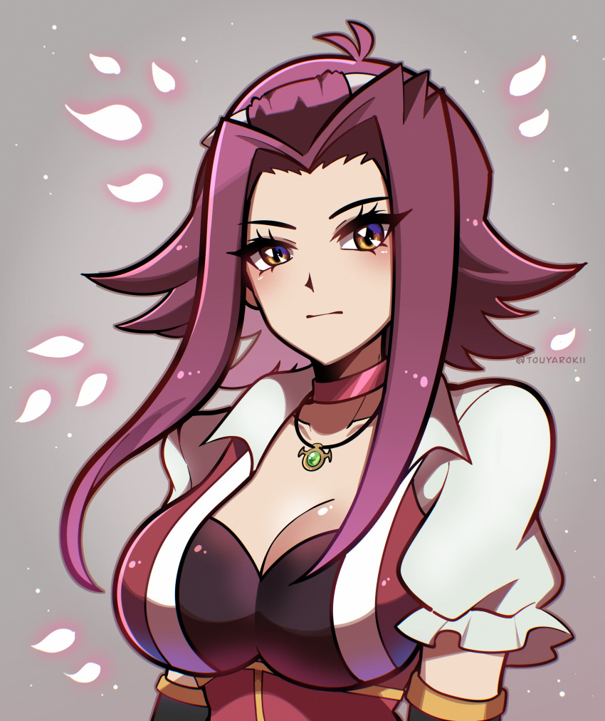 absurdres breasts brown_eyes cherry_blossoms cleavage closed_mouth collarbone female grey_background highres izayoi_aki large_breasts medium_hair petals red_hair solo touyarokii twitter_username upper_body yu-gi-oh! yu-gi-oh!_5d's