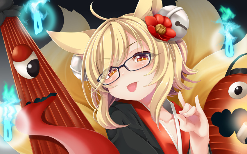 ahoge animal_ears bad_id bad_pixiv_id bell bespectacled blonde_hair blush candle chouchin_obake closed_umbrella female flower fox_ears fox_tail glasses hair_bell hair_flower hair_ornament hand_gesture highres hitodama inari_(sennen_sensou_aigis) karakasa_obake looking_at_viewer multiple_tails ogami_kazuki one-eyed sennen_sensou_aigis short_hair tail tongue tongue_out umbrella upper_body