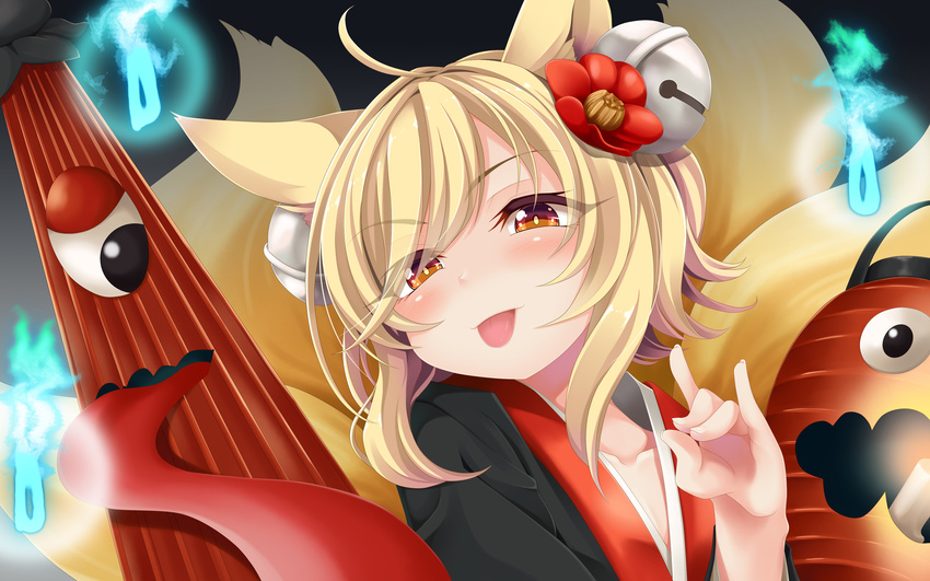 ahoge animal_ears bad_id bad_pixiv_id bell blonde_hair blush candle chouchin_obake closed_umbrella female flower fox_ears fox_tail hair_bell hair_flower hair_ornament hand_gesture highres hitodama inari_(sennen_sensou_aigis) karakasa_obake looking_at_viewer multiple_tails ogami_kazuki one-eyed sennen_sensou_aigis short_hair tail tongue tongue_out umbrella upper_body