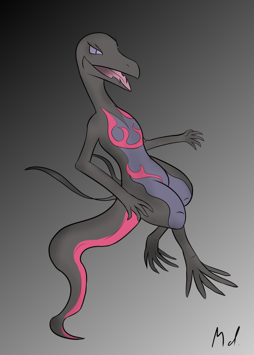 absurd_res anthro black_body black_skin female generation_7_pokemon hi_res nintendo pokemon pokemon_(species) reptile salazzle scalie simple_background solo youmadsin