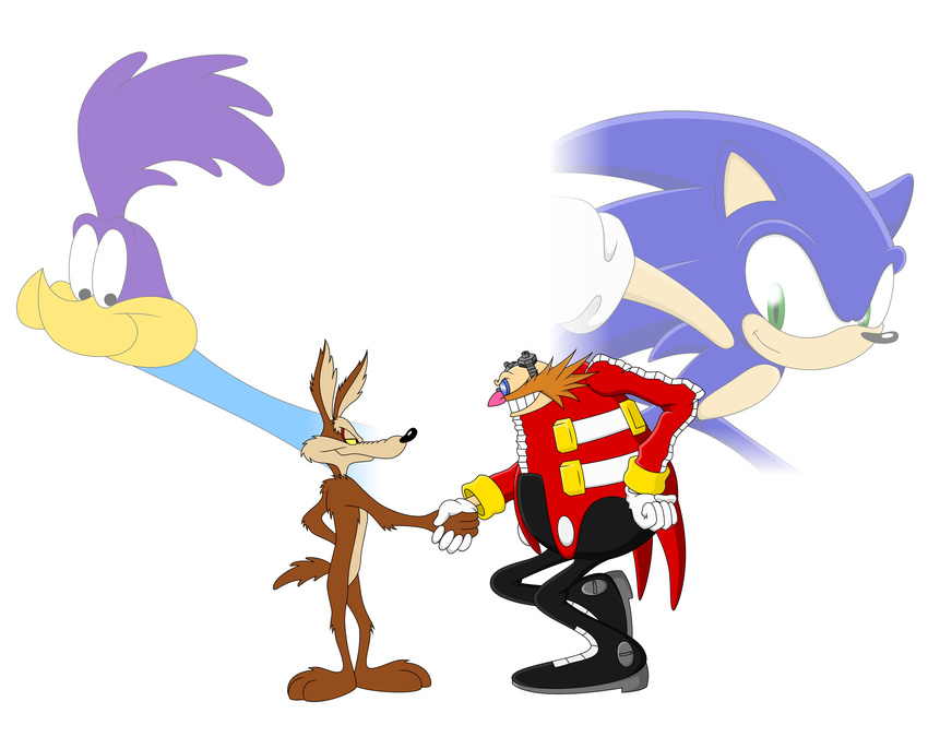 absurd_res anthro avian bird black_nose brown_body brown_fur canid canine canis coyote cuculiform dr._eggman eulipotyphlan feathers fur gesture greater_roadrunner group handshake hedgehog hi_res human looney_tunes male mammal new_world_ground_cuckoo nude road_runner_(looney_tunes) roadrunner sega simple_background sonic_the_hedgehog sonic_the_hedgehog_(series) unknown_artist warner_brothers white_background wile_e._coyote