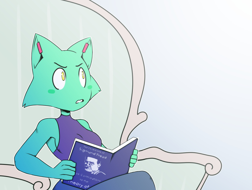 annoyed anthro book clothing domestic_cat felid feline felis female furniture linda_(nekuzx) mammal meme metro-goldwyn-mayer nekuzx on_sofa reaction_image reading reading_book shirt sigmund_freud sitting sofa solo tank_top tom_and_jerry tom_reading_the_newspaper topwear