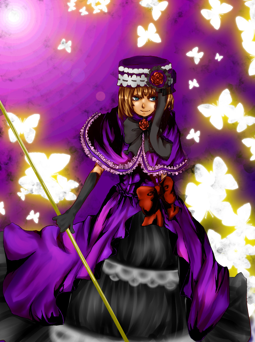 bad_id bad_pixiv_id blue_eyes bow bug butterfly dress elbow_gloves eva_beatrice female flower gloves hat highres orange_hair photoshop_(medium) remon2222 ribbon rose solo staff umineko_no_naku_koro_ni