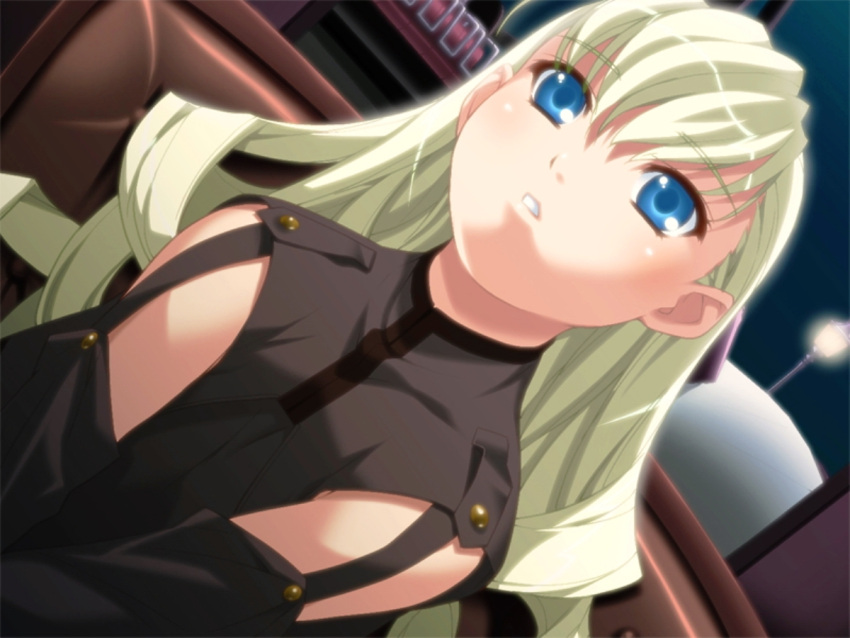 blonde_hair blue_eyes chair detached_sleeves drill_hair dutch_angle eigou_kaiki elfriede_welfen female game_cg indoors ino_(magloid) long_hair looking_up night open_mouth shirt sky solo