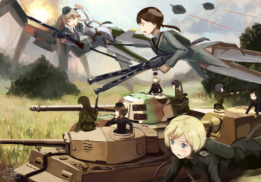 6+girls assault_rifle brown_hair commentary_request creator_connection crossover erica_hartmann fire flying g3a3_(upotte!!) gertrud_barkhorn girls_und_panzer gun h&k_hk33 h&k_hk53 hanna_rudel hk33e_(upotte!!) hk53_(upotte!!) itsumi_erika jagdpanther kanokoga kojima_emi kuromorimine_military_uniform machine_gun mg42 military military_uniform military_vehicle motor_vehicle multiple_girls neuroi nishizumi_maho photoshop_(medium) rifle smoke strike_witches strike_witches:_suomus_misfits_squadron striker_unit tank tank_destroyer tiger_i tiger_ii uniform upotte!! war weapon world_witches_series