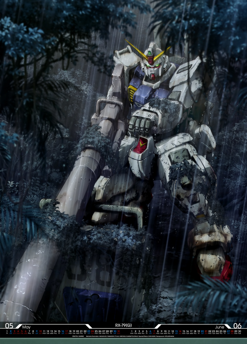 absurdres aiming cannon ground_gundam gun gundam gundam_08th_ms_team highres holding holding_gun holding_weapon mecha mobile_suit no_humans official_art rain robot shield v-fin water_drop weapon weather yamagishi_masakazu